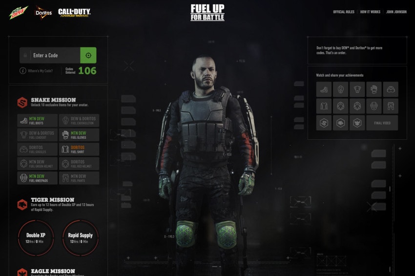 The dashboard for the Call of Duty “Fuel Up For Battle" website