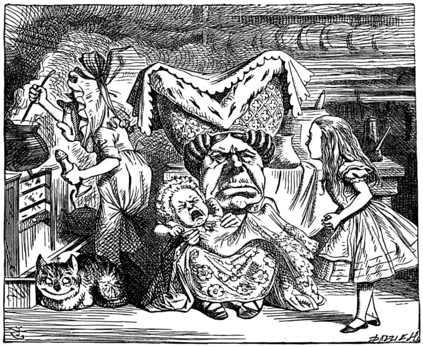 One of the iconic John Tenniel illustrations published in 1865 in "Alice's Adventures in Wonderland"