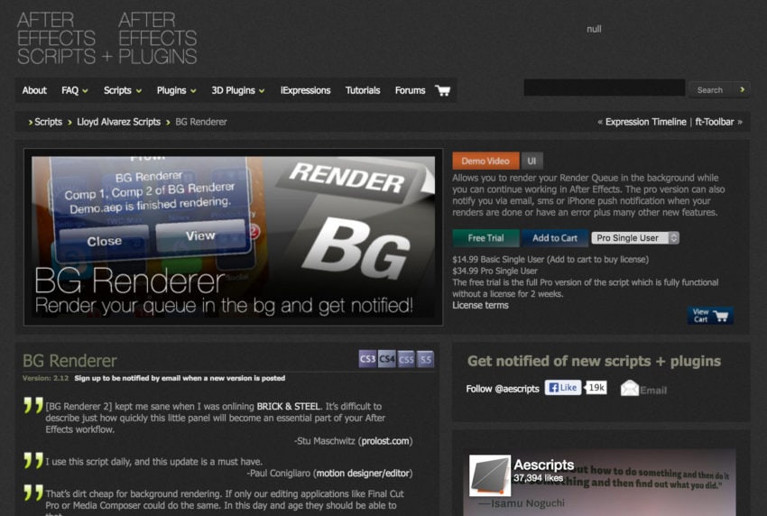 A screen grab of BG Renderer in the aescripts shop, circa 2012